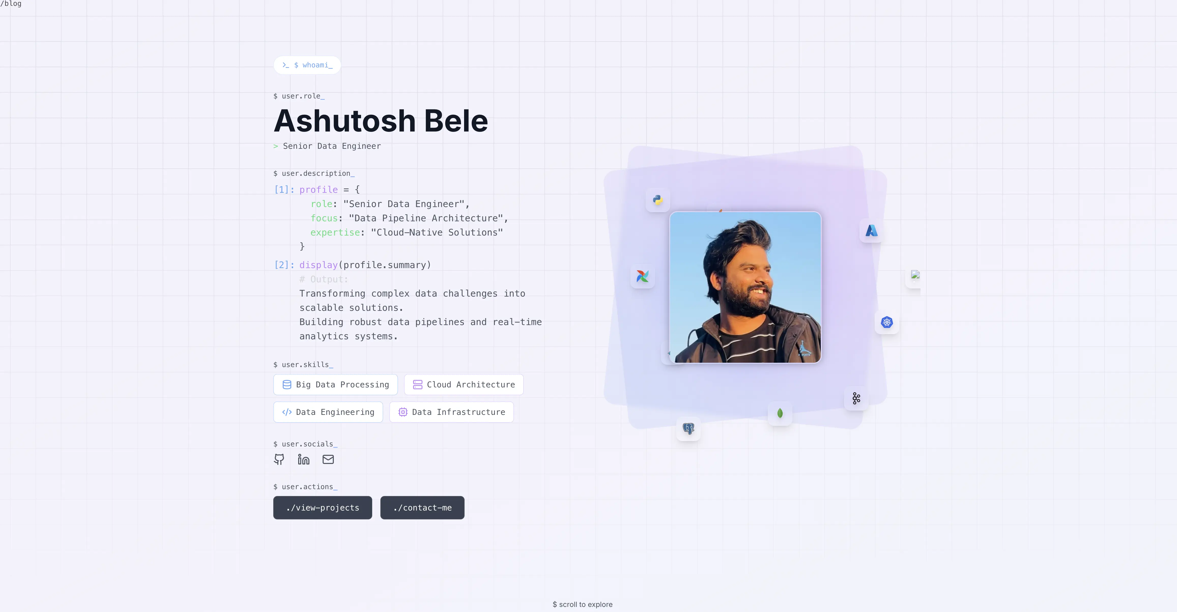 Ashutosh Bele's Software Engineer portfolio with scroll in animations, and interactive lists