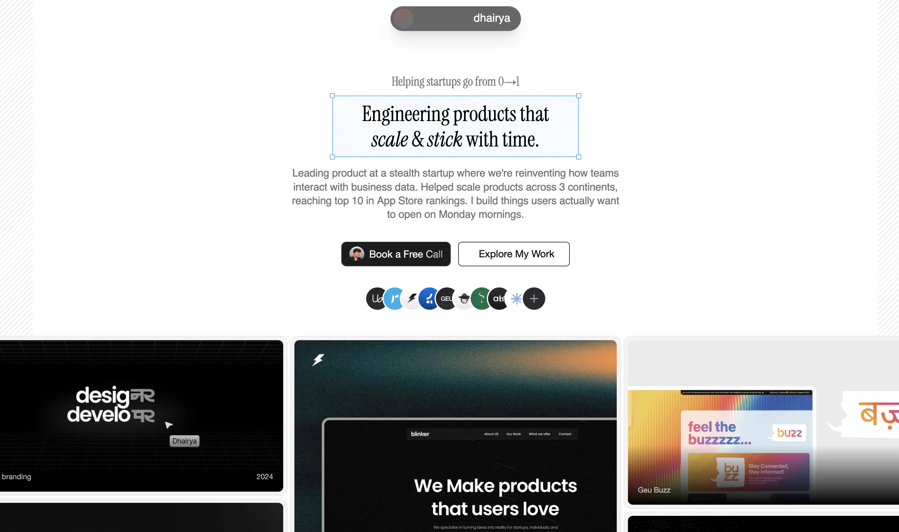 Grid-style portfolio homepage showing project screenshots from Dhairya Marwah’s software engineering work.