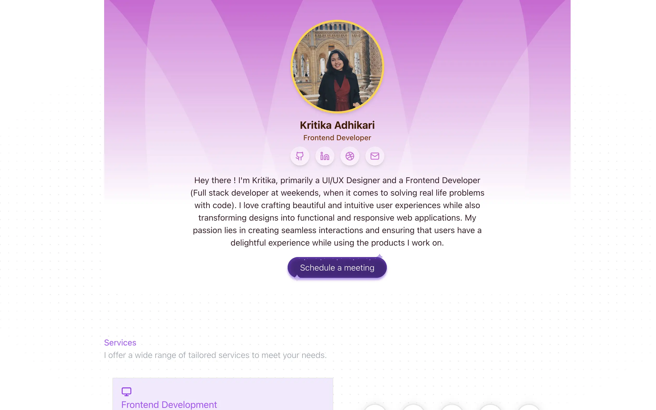 Screenshot of Kritika Adhikari's frontend developer portfolio showcasing a thought out UI and toggleable light/dark mode.