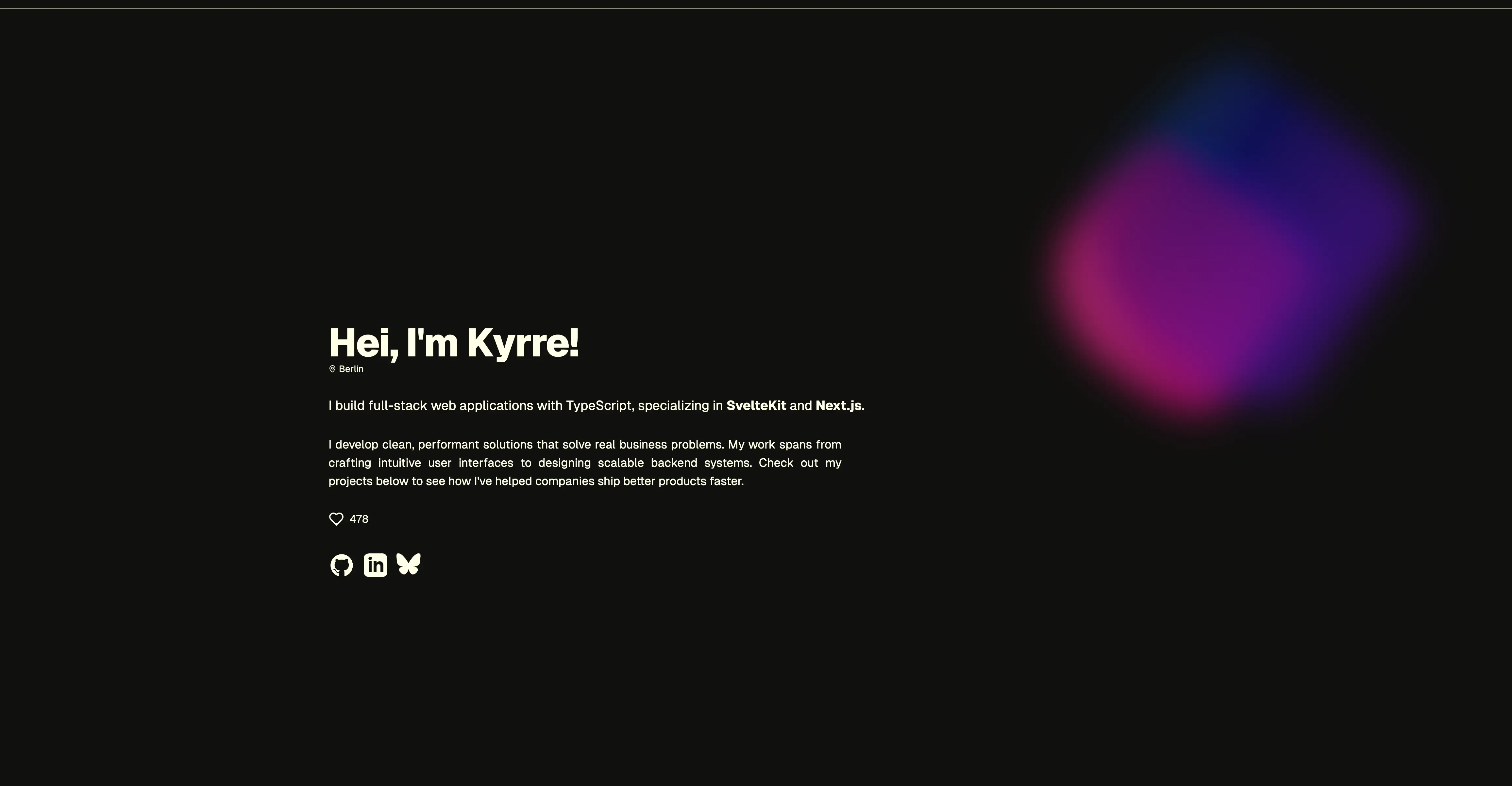Screenshot of Kyrre's full stack portfolio with micro-animations.