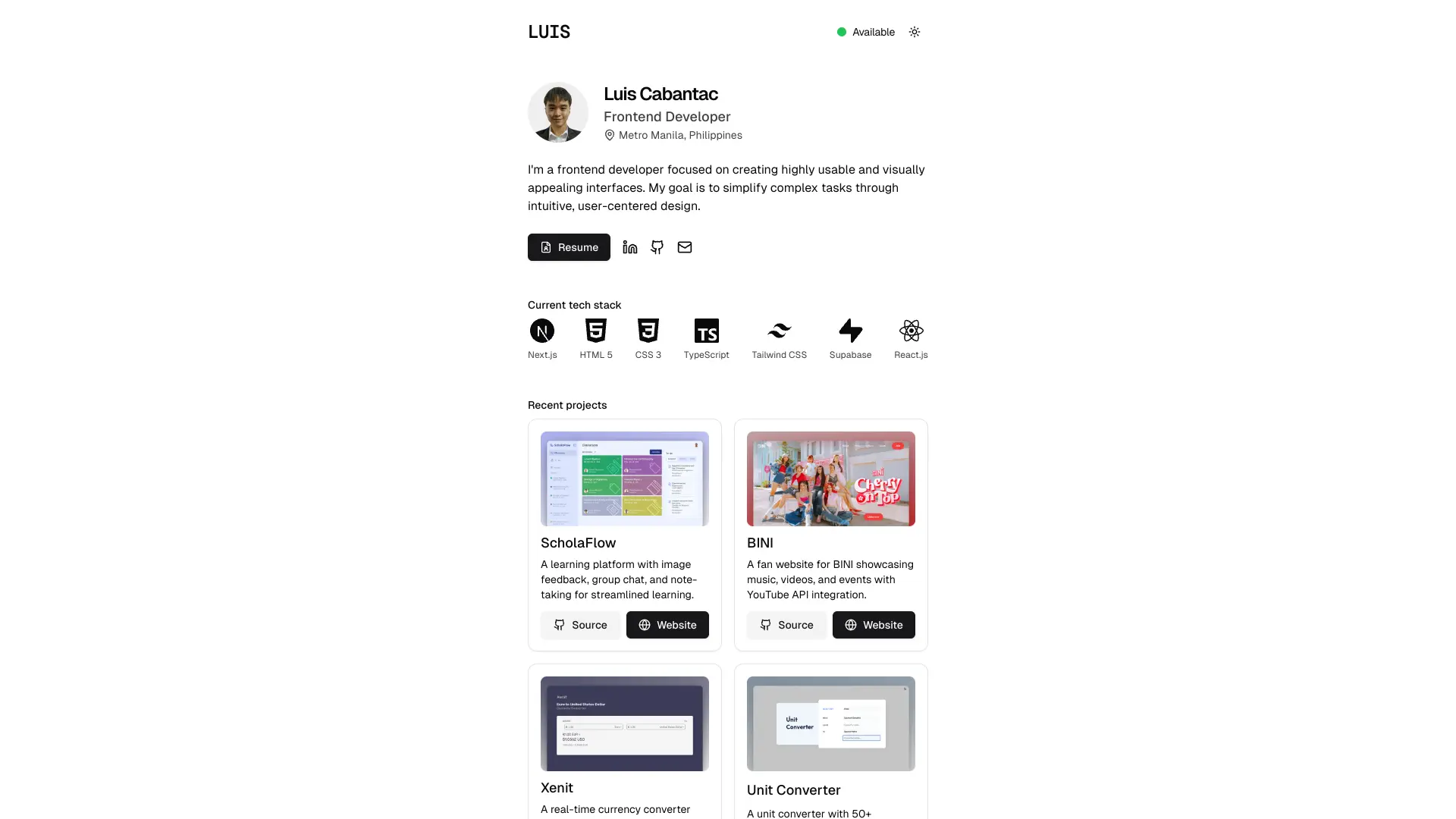 Screenshot of Luis Cabantac's frontend developer portfolio showcasing simple UI and toggleable light/dark mode.