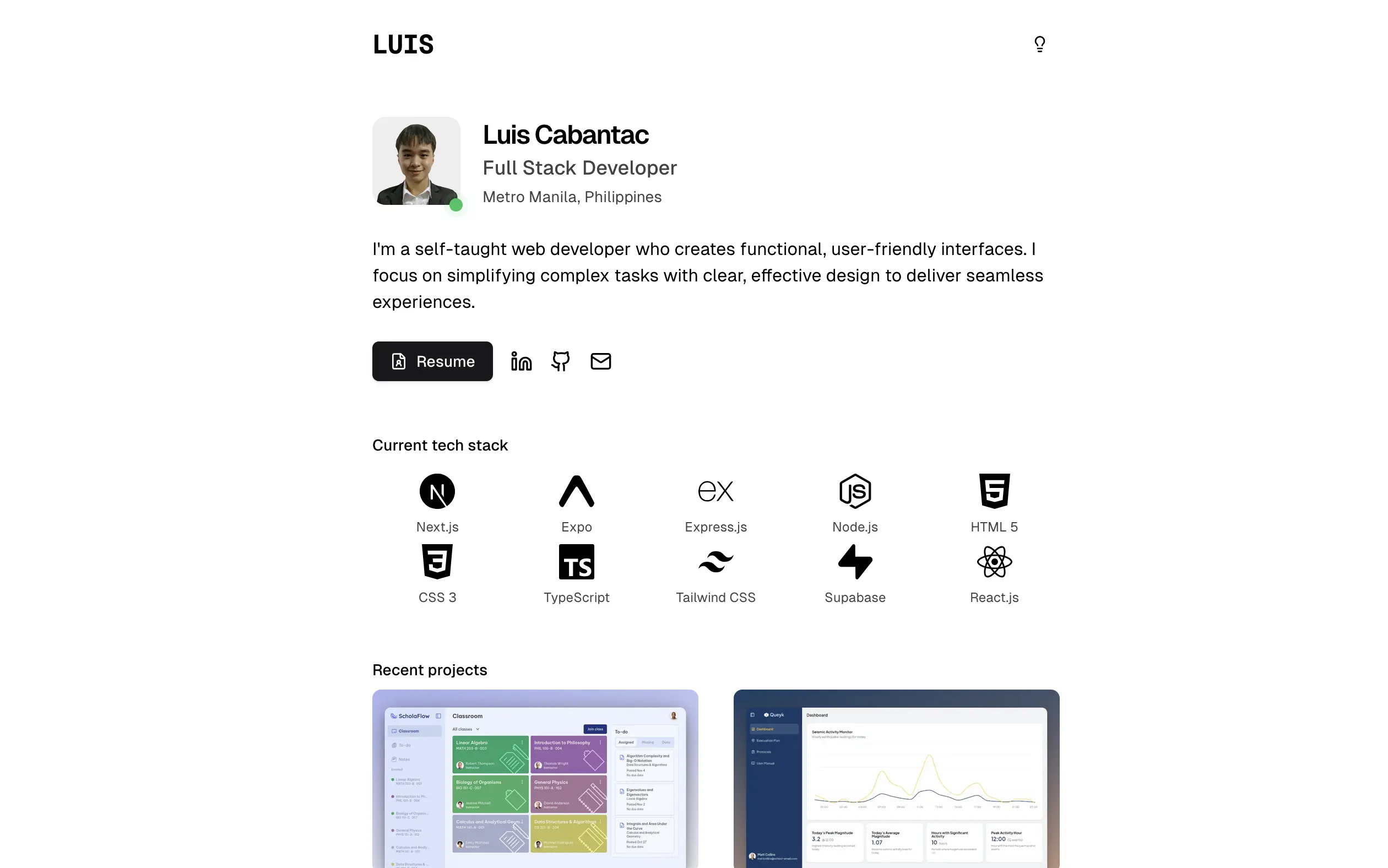 Screenshot of Luis Cabantac's frontend developer portfolio showcasing simple UI and toggleable light/dark mode.