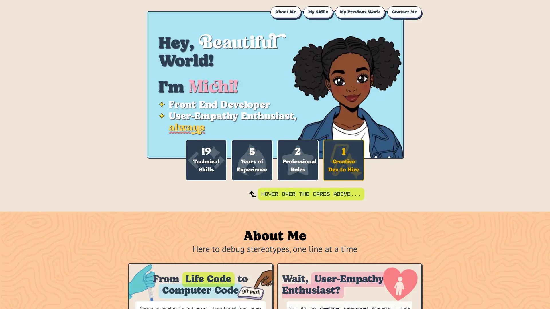 Michi's frontend developer portfolio screenshot, featuring a css stylized .