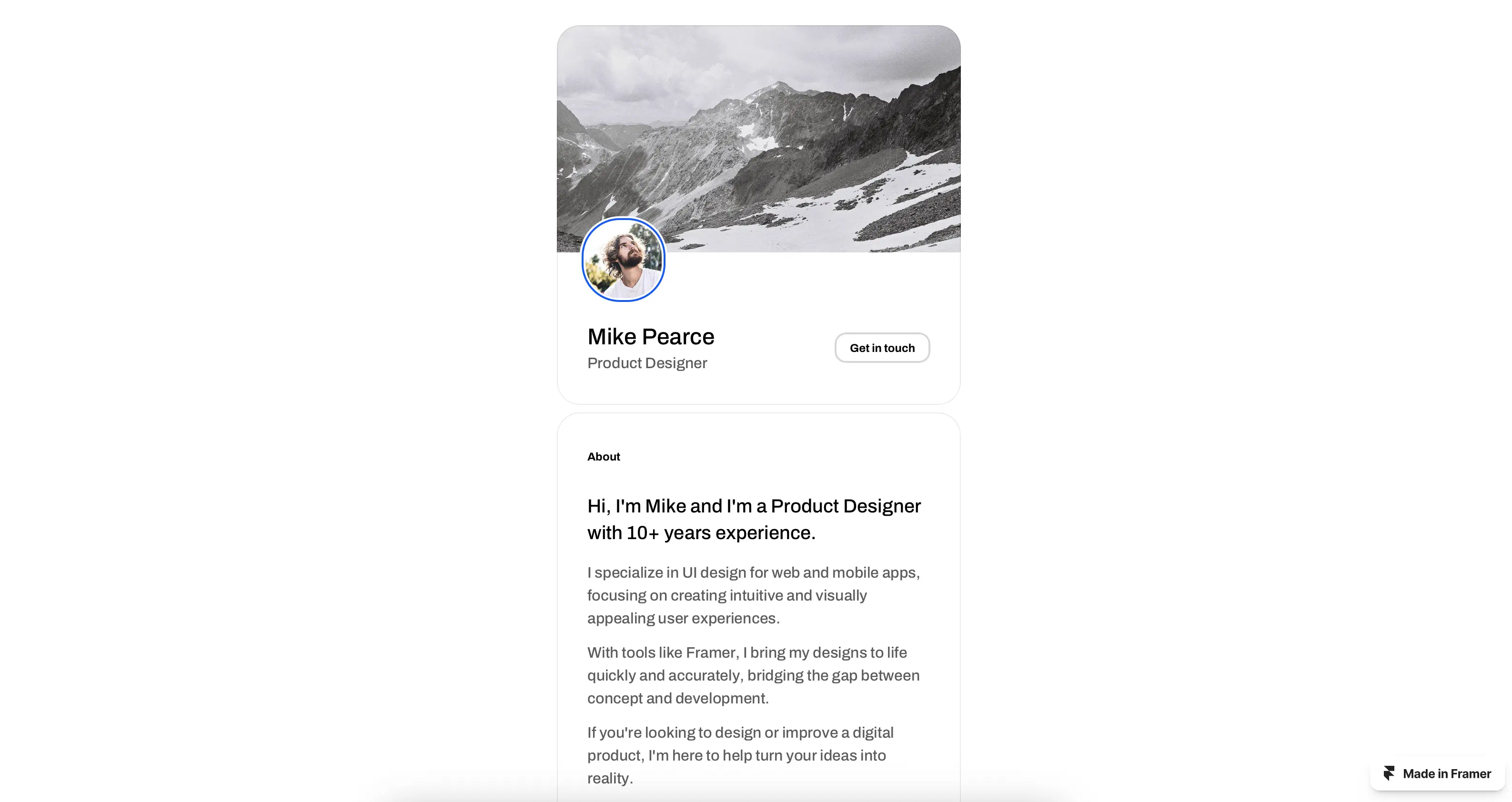 Pearce template displaying a simple, one-page CV layout with sections for experience, skills, and contact.