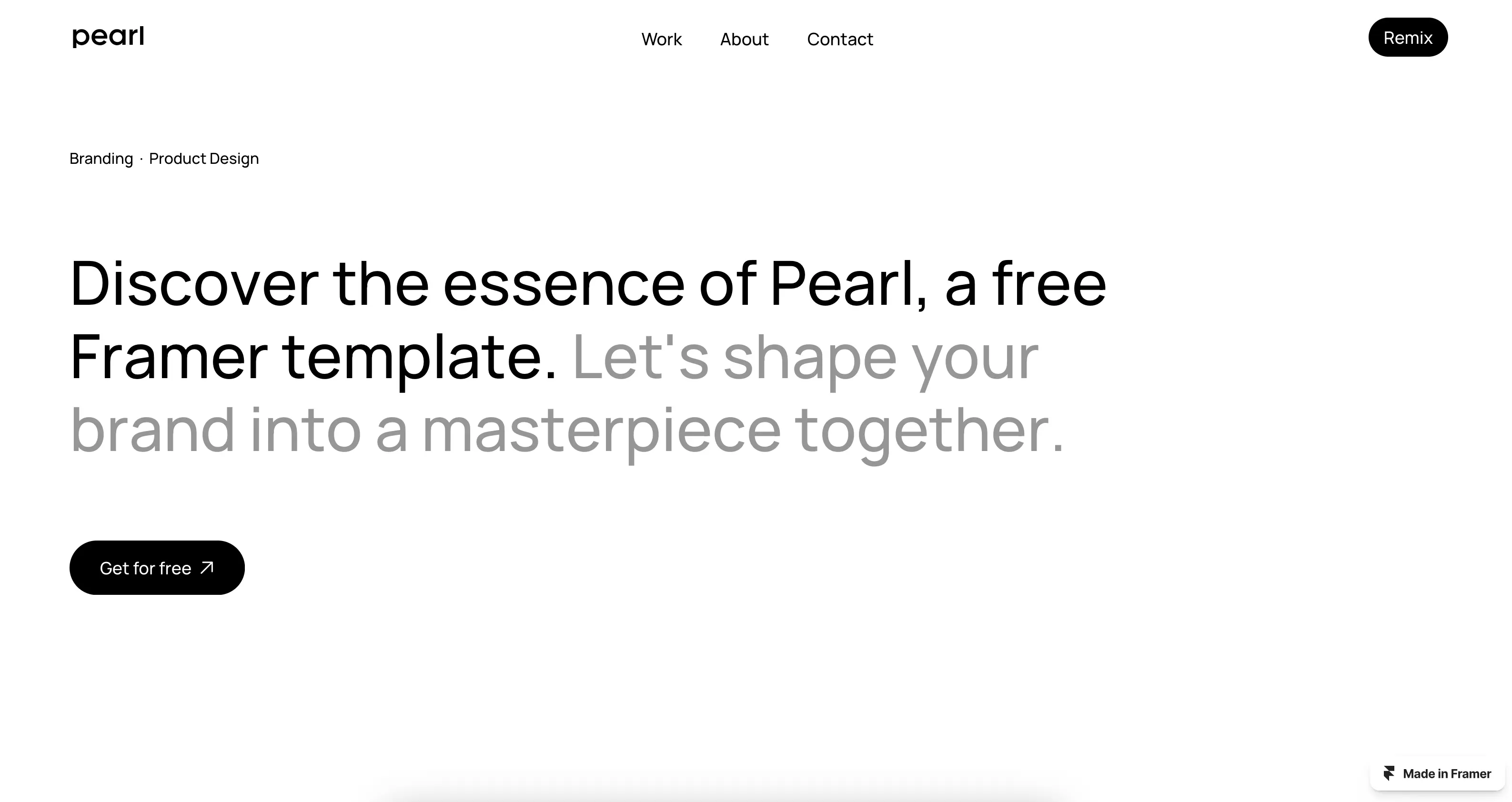 Pearl template showcasing a clean, modern design with sections for work, about, and contact.