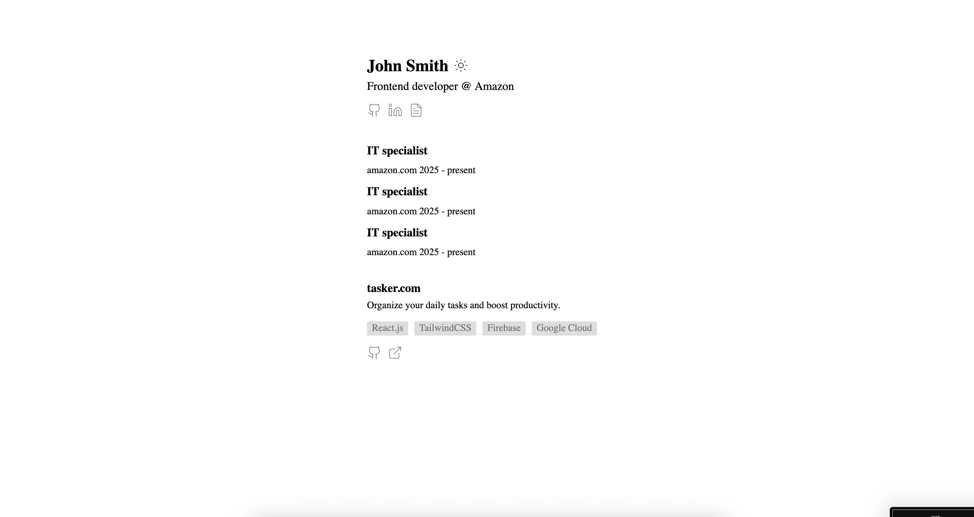 WebPortfolios.dev Minimal Portfolio Template showing a clean, minimalist layout with subtle animations