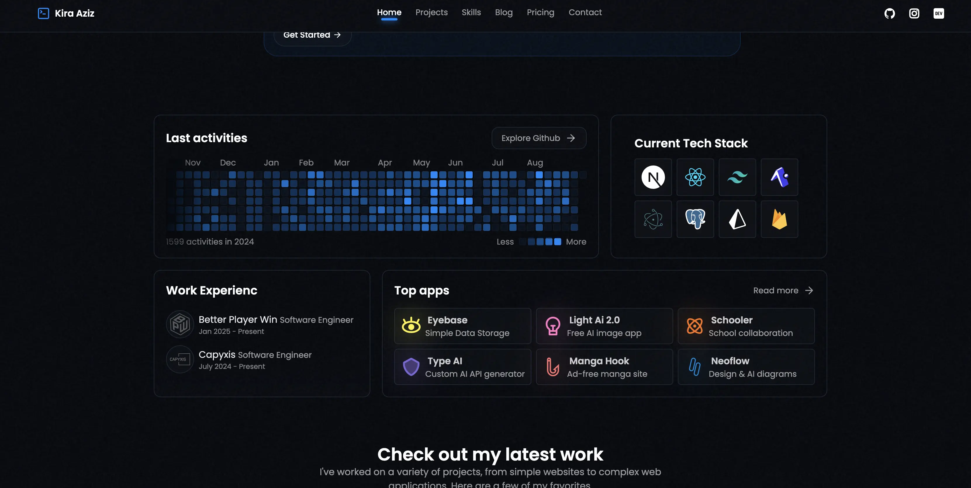 Kira Azizs' GitHub contribution chart embedded in their portfolio,
showing consistent commits and activity over the past year.
